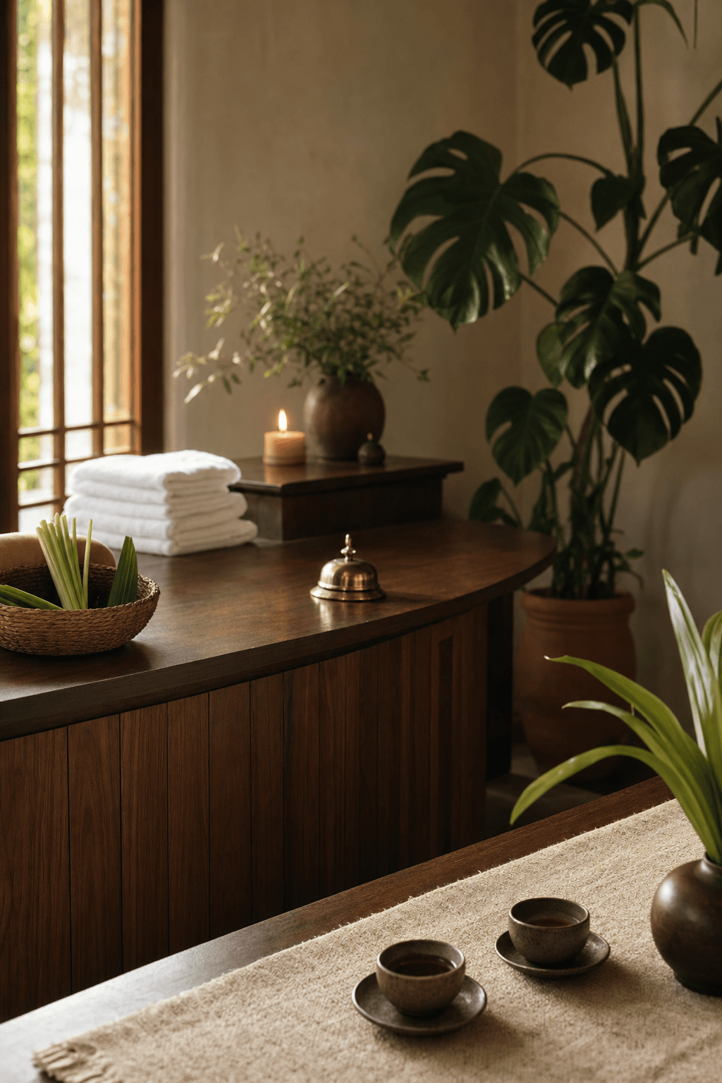 The reception counter at Zen Massage — folded white towels, a brass bell, lemongrass and tea cups in warm afternoon light