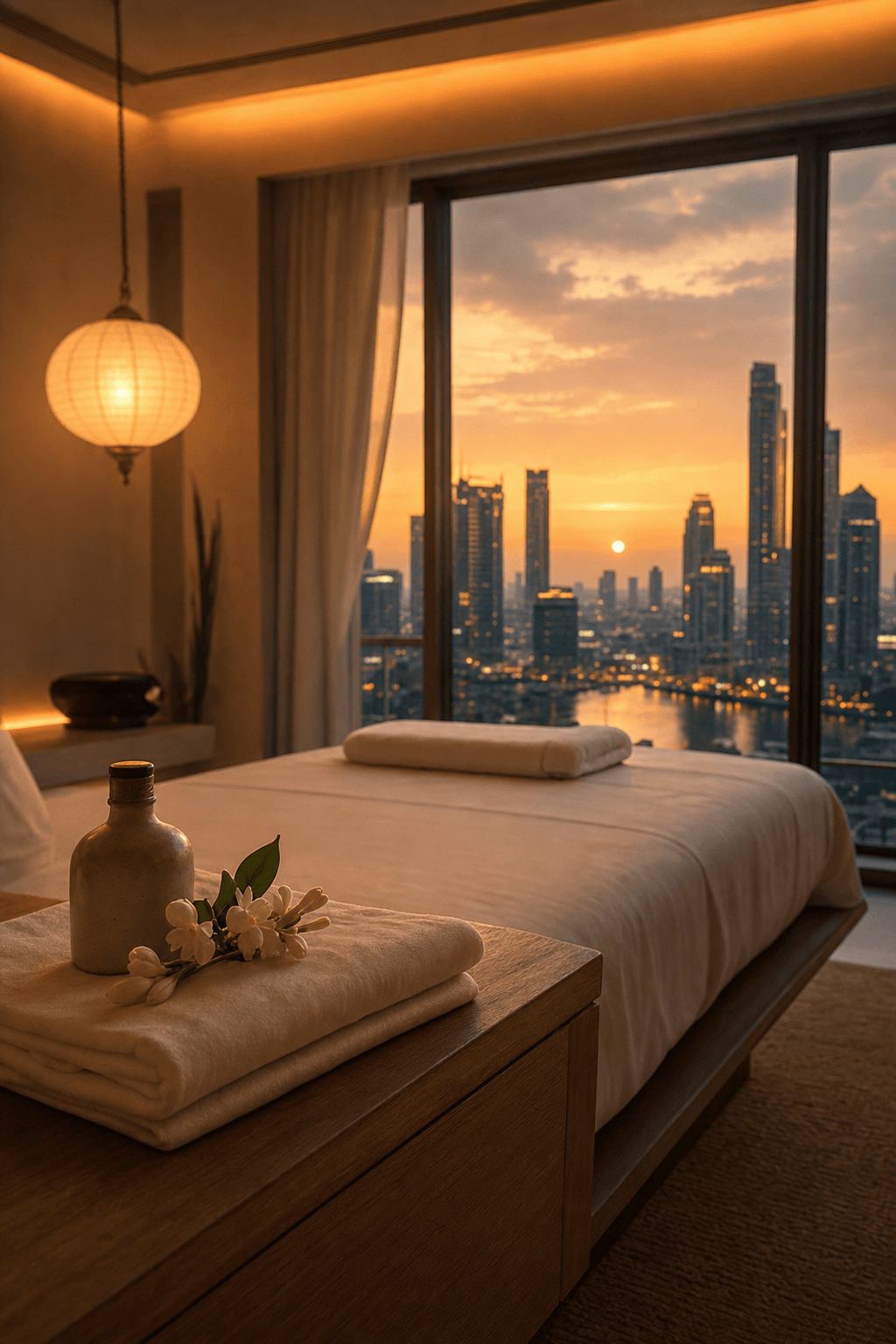 A calm Bangkok hotel suite at golden hour with fresh linens laid out — ready for an outcall massage