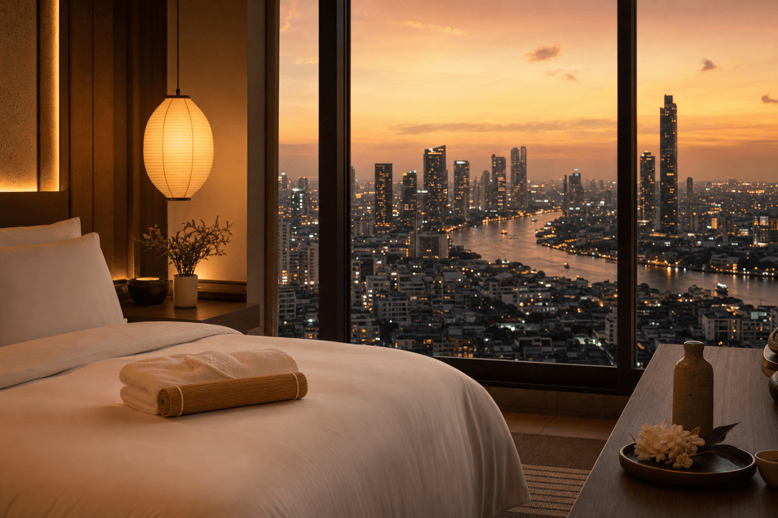 A calm Bangkok hotel suite at dusk with fresh linens laid out, ready for an outcall massage session