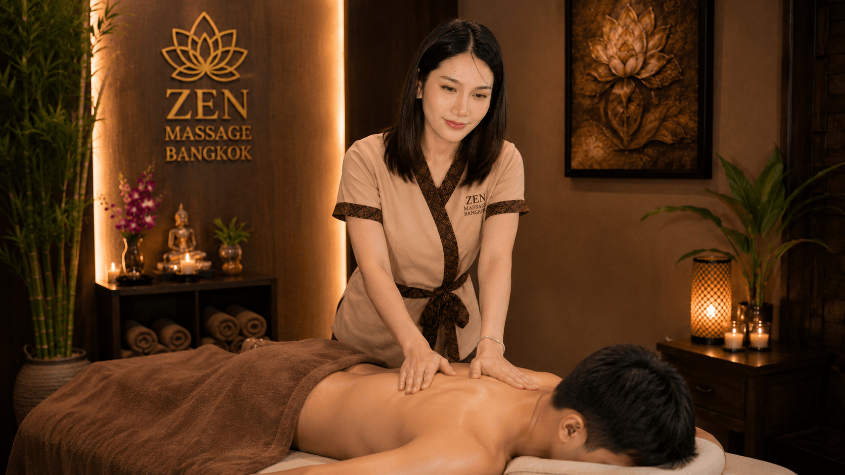 A Thai therapist works on a male client lying face-down on a treatment table in the warm candlelit Zen Massage Bangkok room.