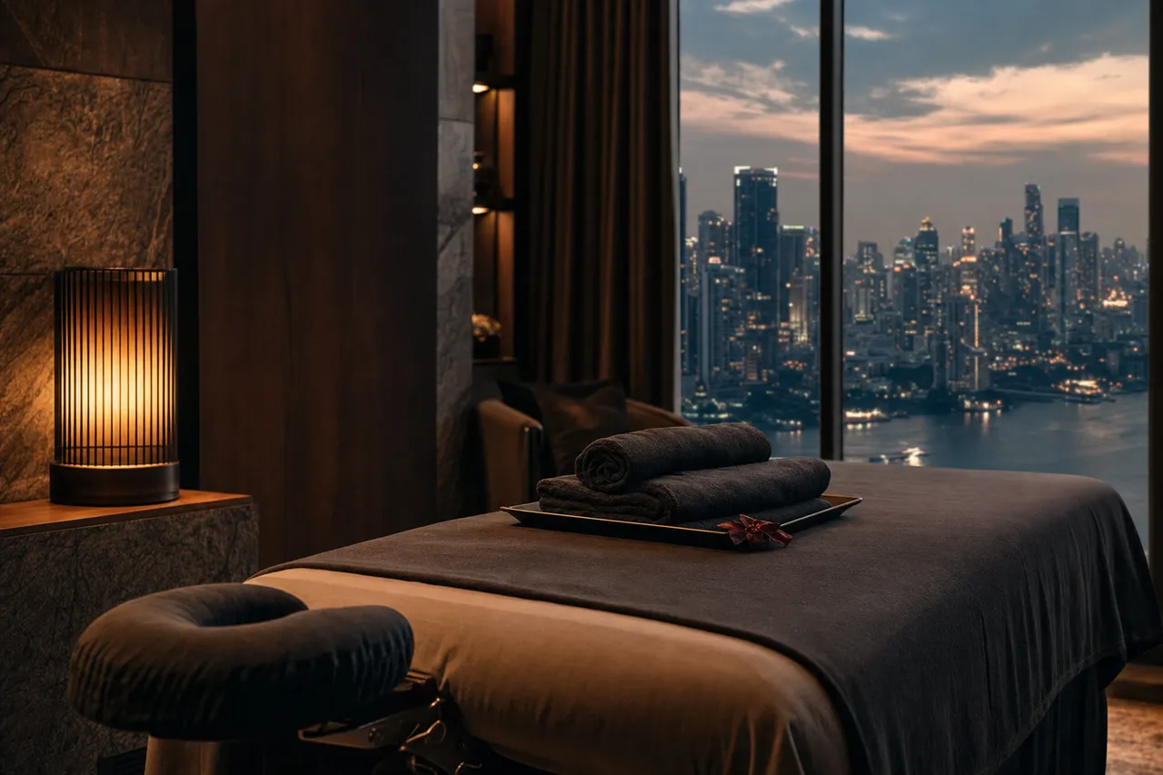 A calm Bangkok hotel suite at dusk with a massage table set up beside the window, warm amber lighting