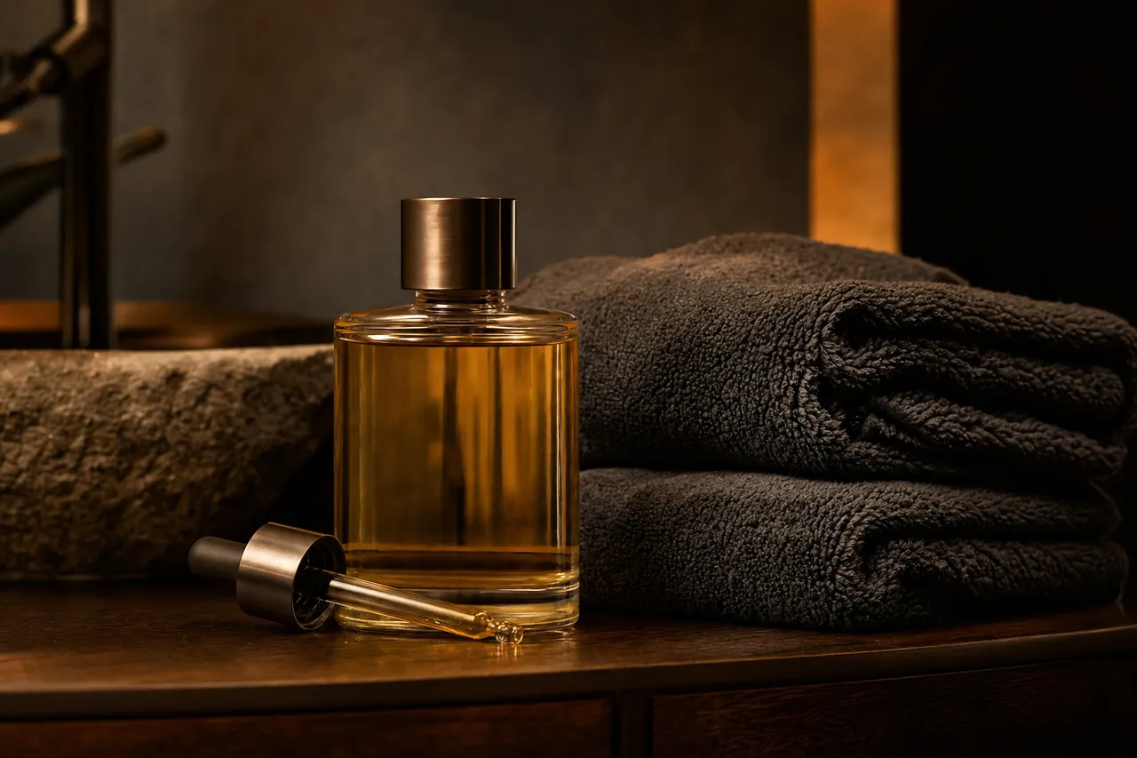 Golden massage oil, a dropper and folded charcoal towels arranged on dark wood, warm low lighting