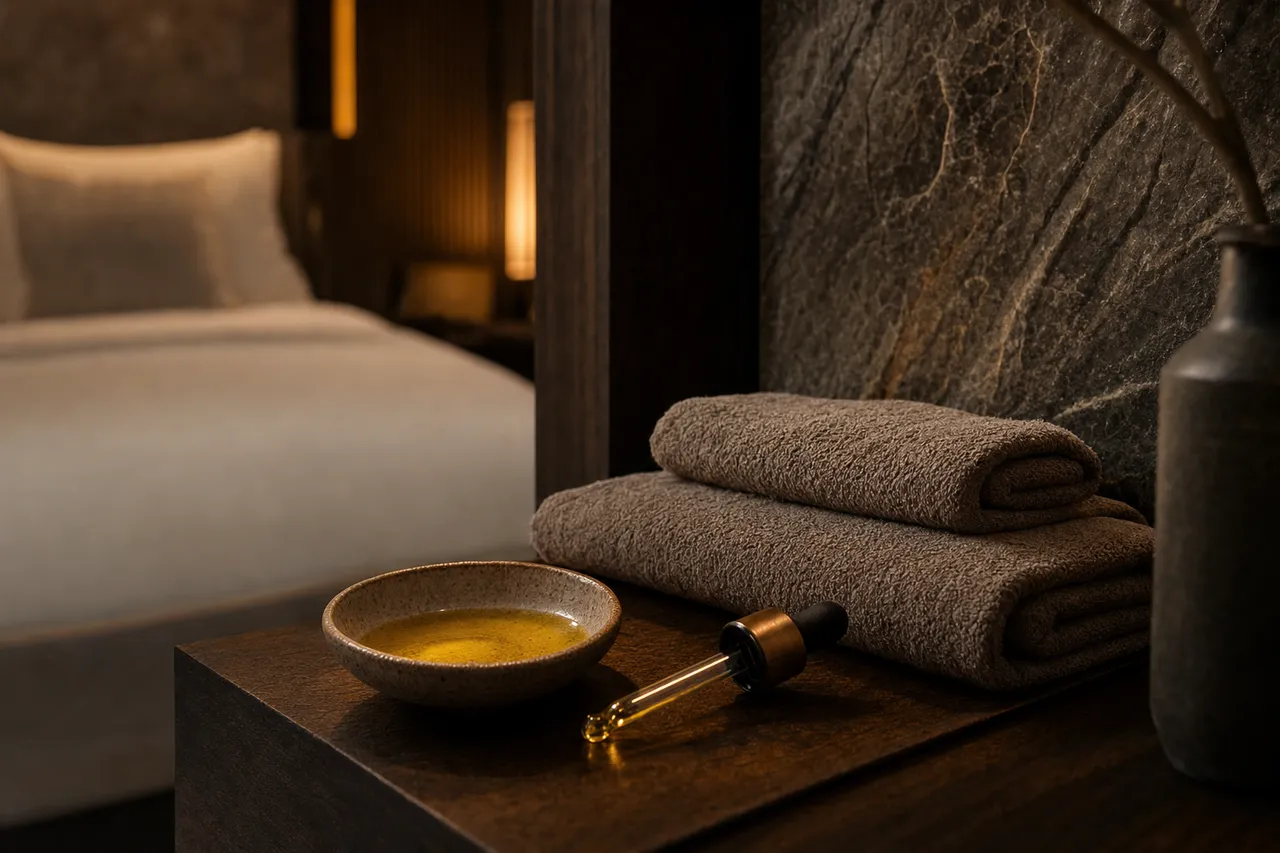 A dish of warm golden massage oil, a dropper and folded towels on dark wood in a softly lit luxury hotel room