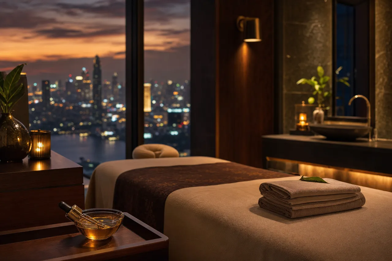 Warm, low-lit Bangkok hotel suite set up for an evening massage, folded linens and oil on dark wood