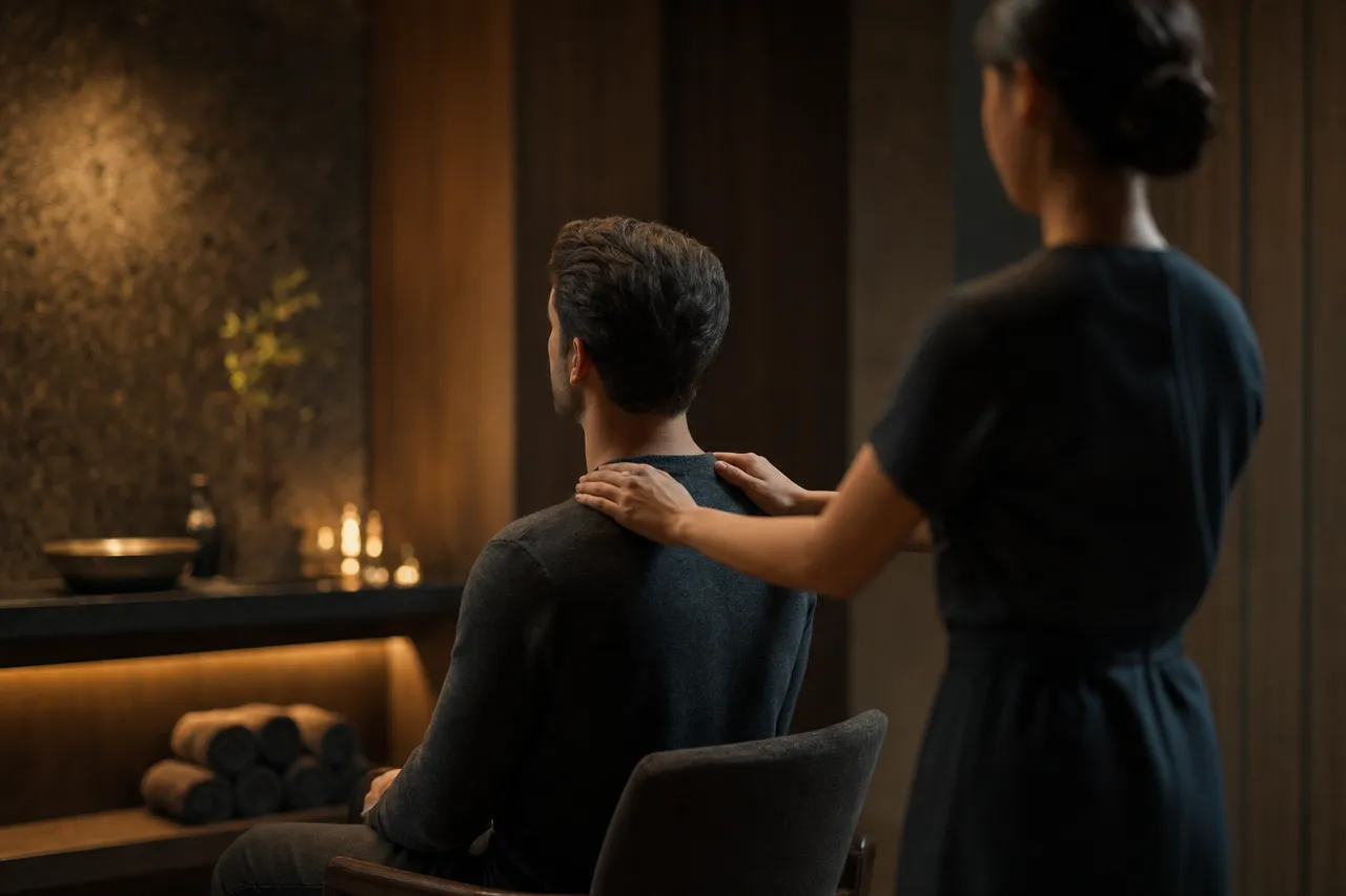 A therapist's hands resting on a seated, clothed client's shoulders in a softly lit treatment room