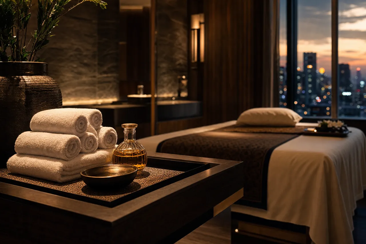 A warm, low-lit Bangkok hotel suite set up for a massage session with folded towels and a bottle of oil on a dark wood table