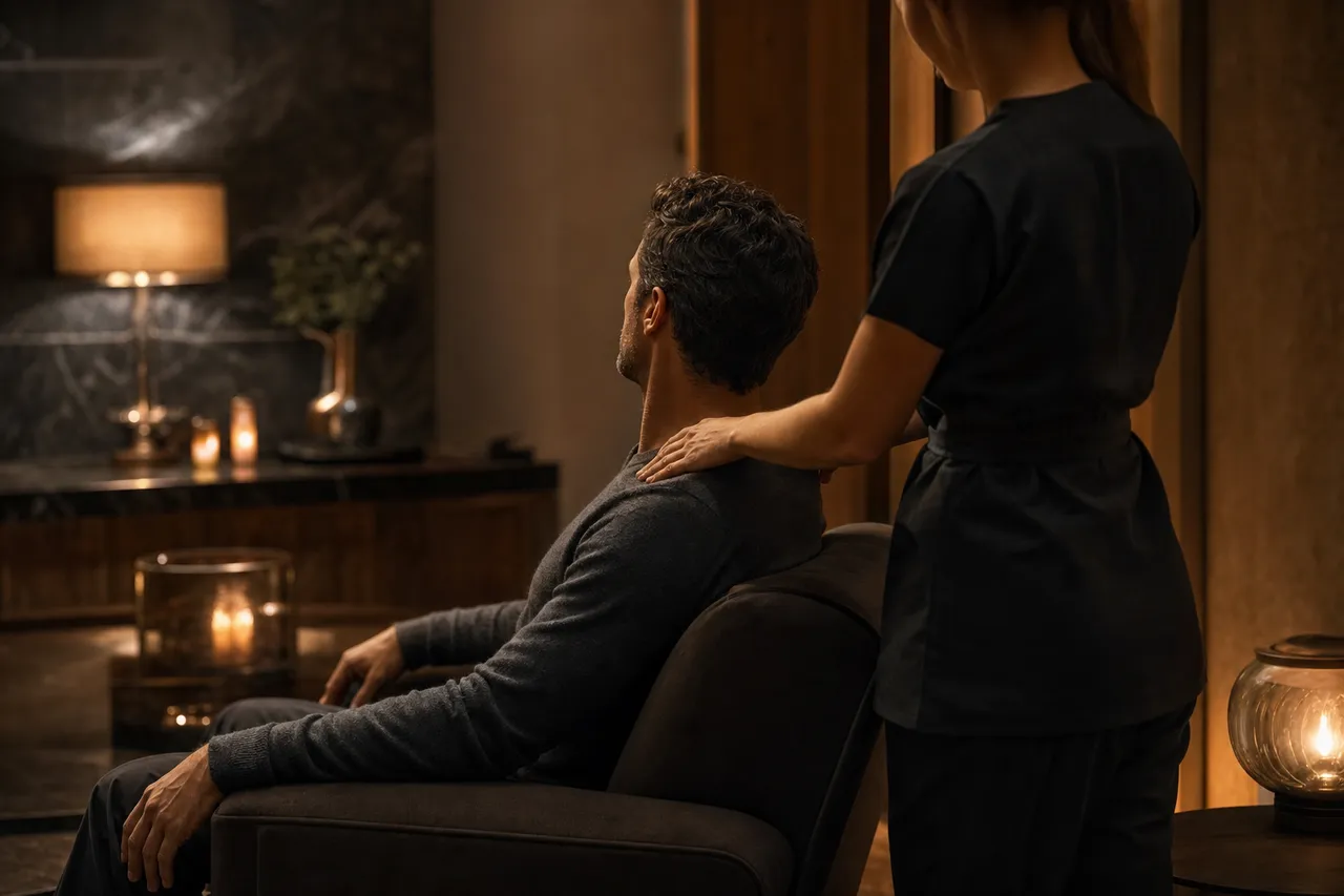 Close-up of a therapist's hands working on a clothed male client's shoulder in a warm, low-lit hotel room