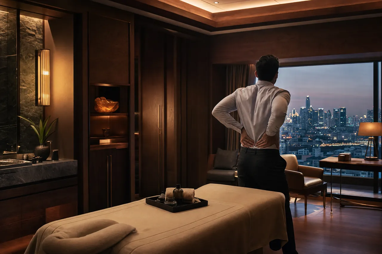 A relaxed male traveller seated upright in a warmly lit Bangkok hotel suite, receiving a lower back massage from a therapist in a simple uniform