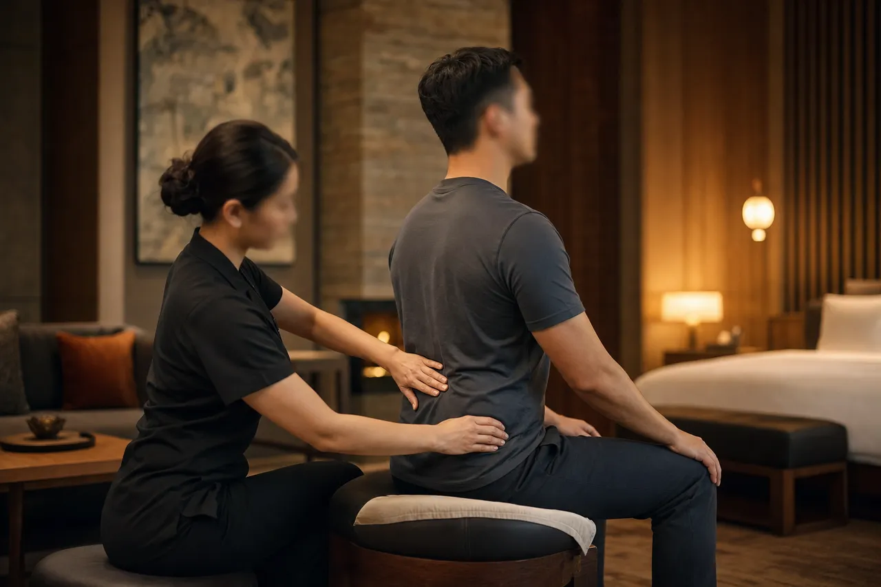 A therapist's hands working on a clothed male client's lower back and hip area in a warm, low-lit hotel room