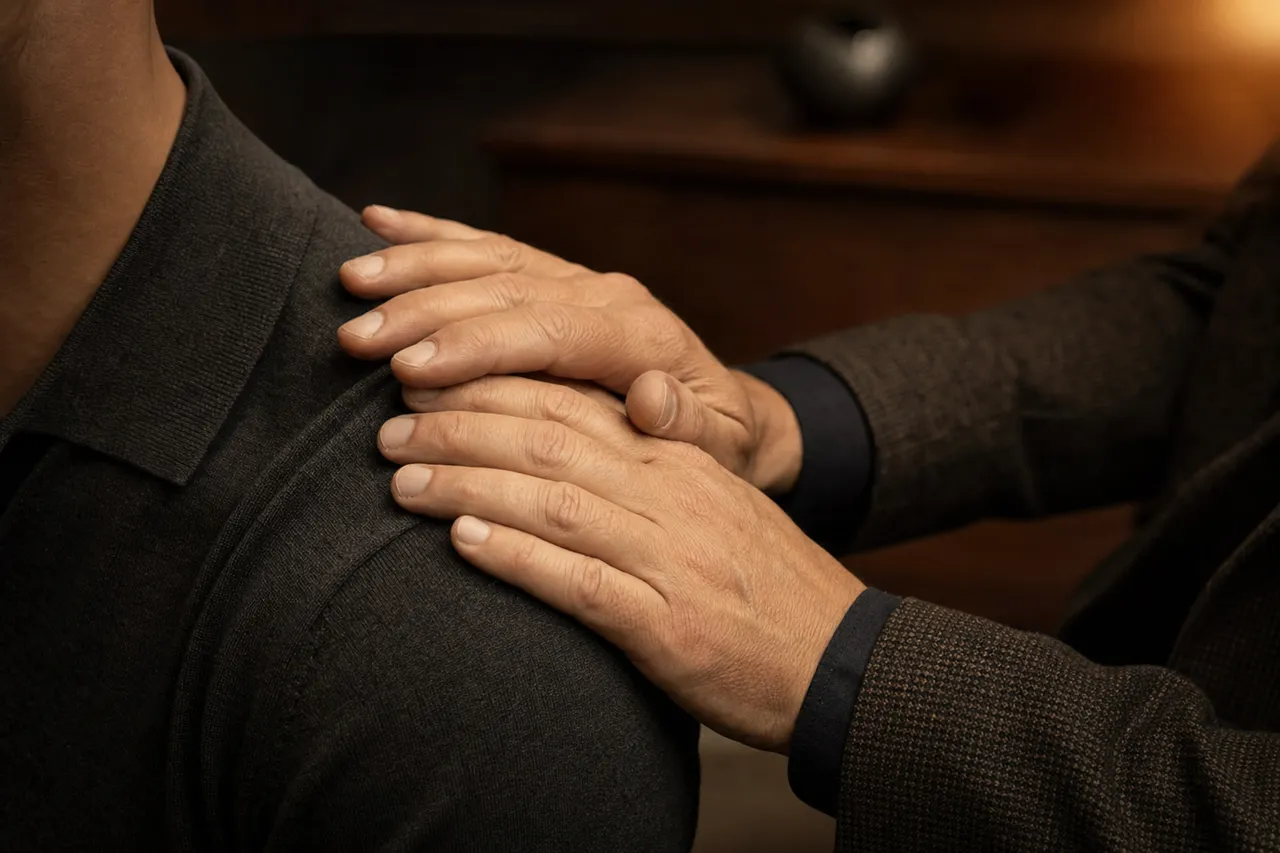A therapist's hands resting firmly on a clothed client's shoulder