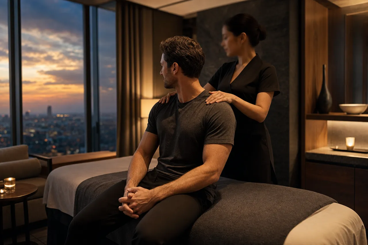 A therapist's hands resting on a seated, clothed client's shoulders in a warm, softly lit hotel suite