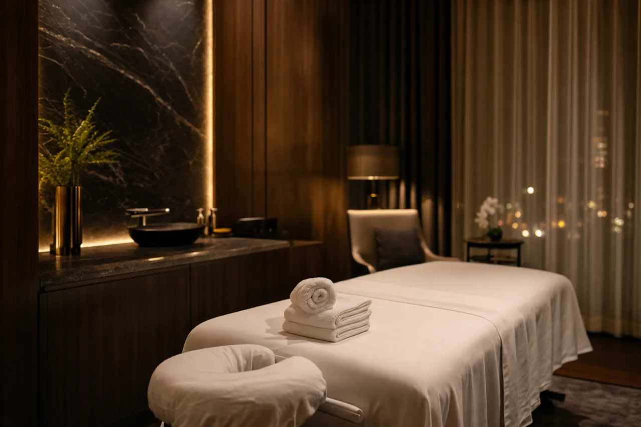 A freshly prepared massage table with crisp linen and folded towels in a warmly lit modern hotel room