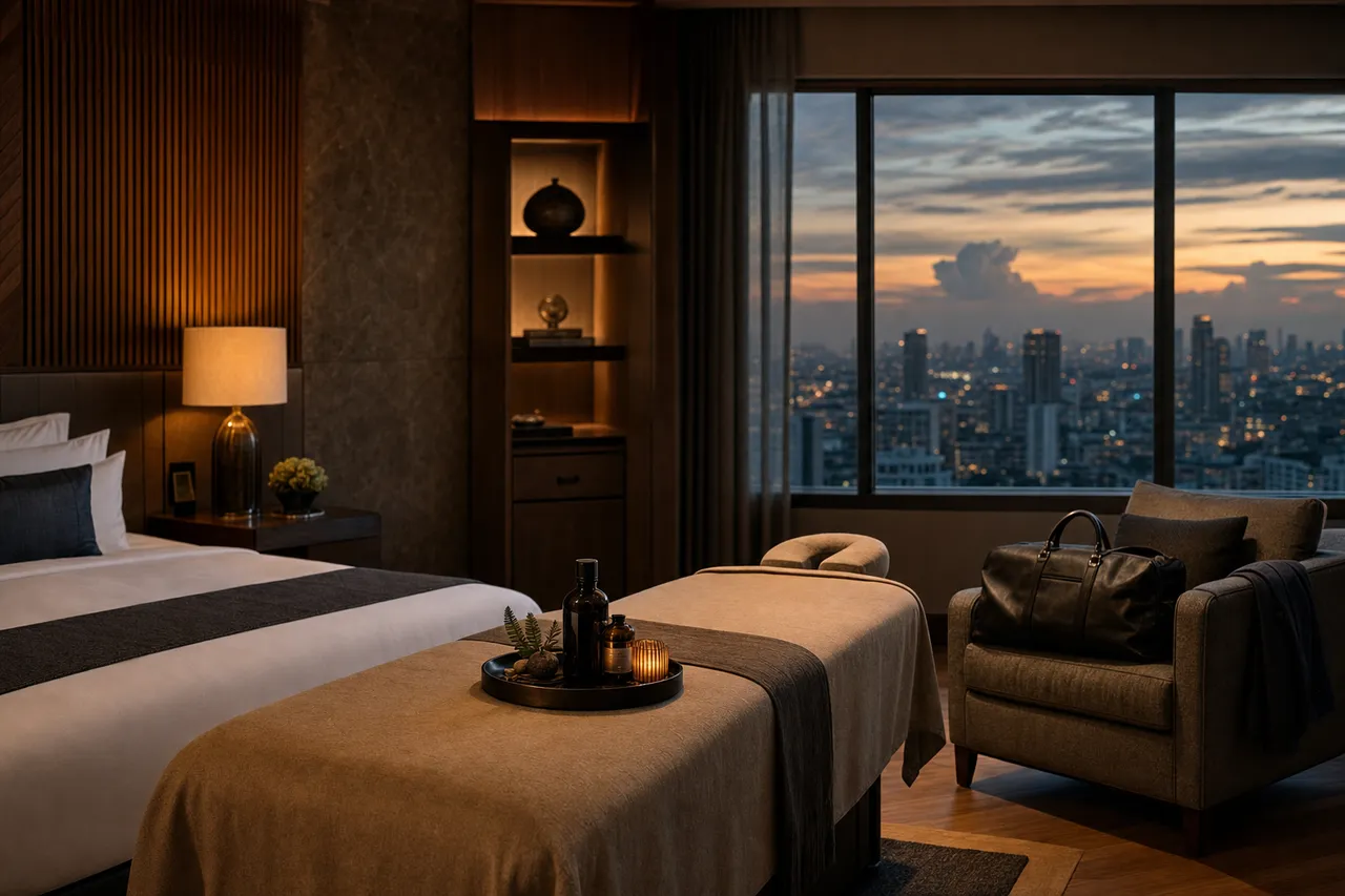 A premium Bangkok hotel suite at dusk with a laptop bag and folded jacket set beside a made-up massage table, city lights through the window