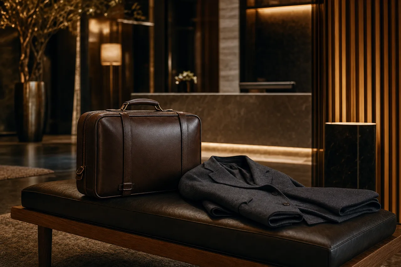 A premium leather suitcase and folded blazer resting on a bench in a warmly lit upscale hotel lobby