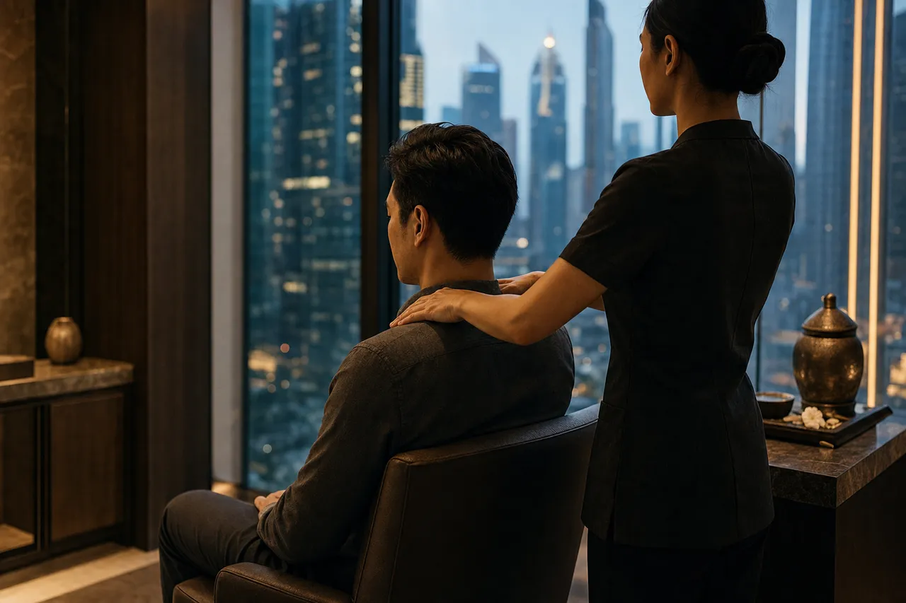 An elegant therapist working the shoulders and neck of a relaxed male client lying face-down on a table in an upscale Bangkok hotel suite