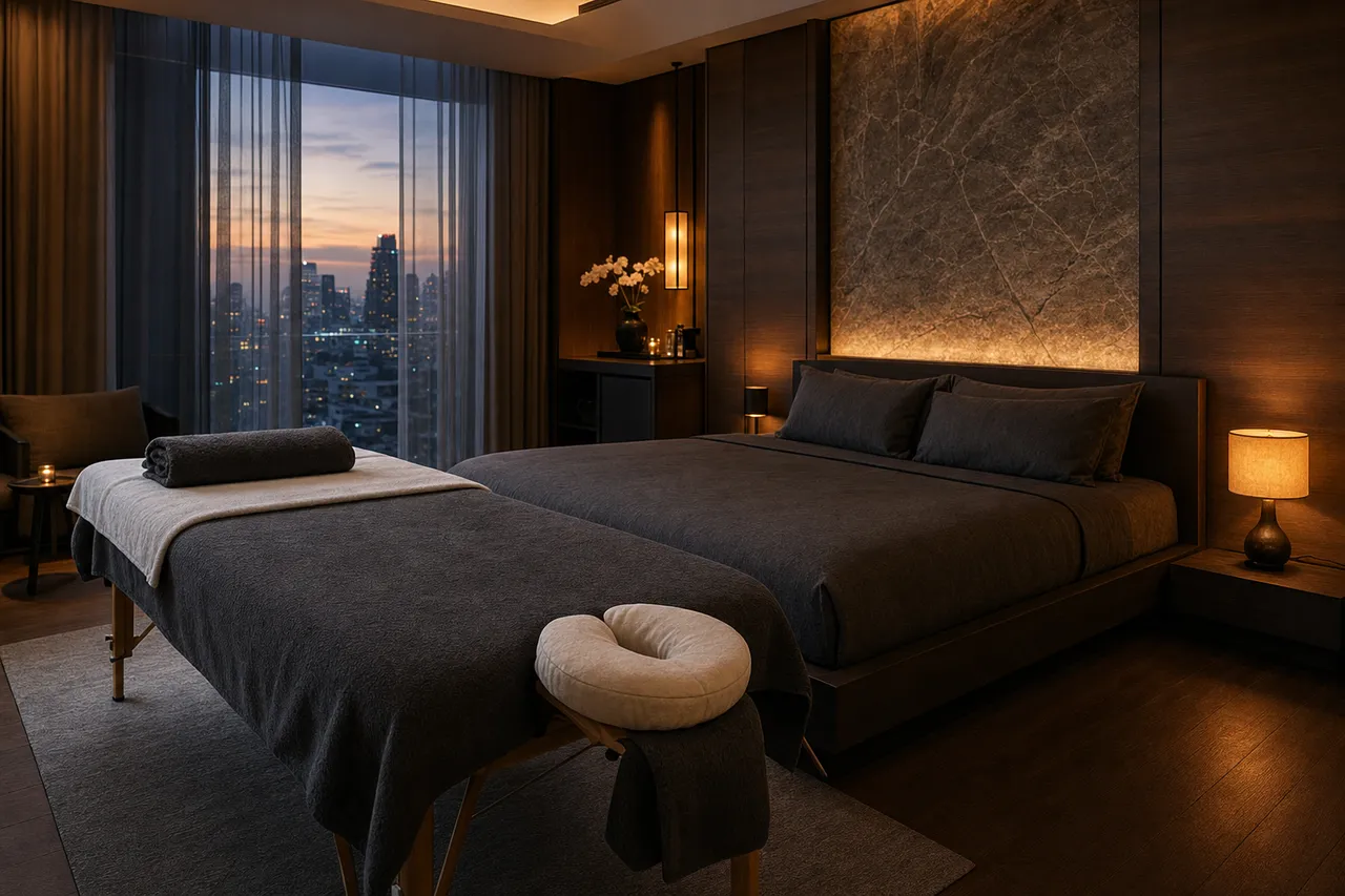 A warmly lit Bangkok hotel suite at dusk, looking out over the city skyline through a wide window, a made-up massage table set beside the bed