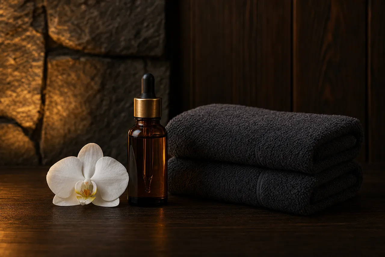 A small amber bottle of massage oil and two neatly folded dark towels resting on a dark wood surface, warm low light