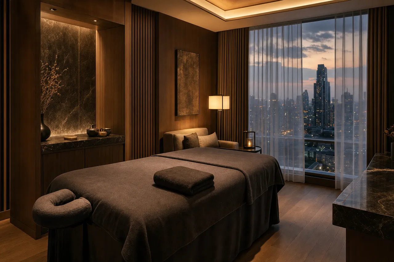 A calm Bangkok hotel suite at dusk with a made-up massage table and warm amber lighting, city skyline soft through the window