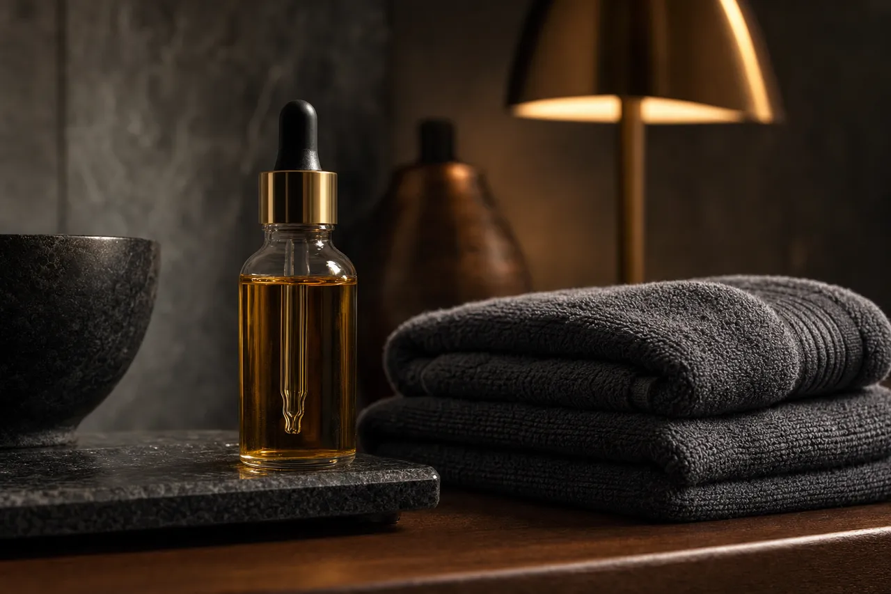 Warm oil, a dropper and folded charcoal towels set on dark wood in a dim hotel room