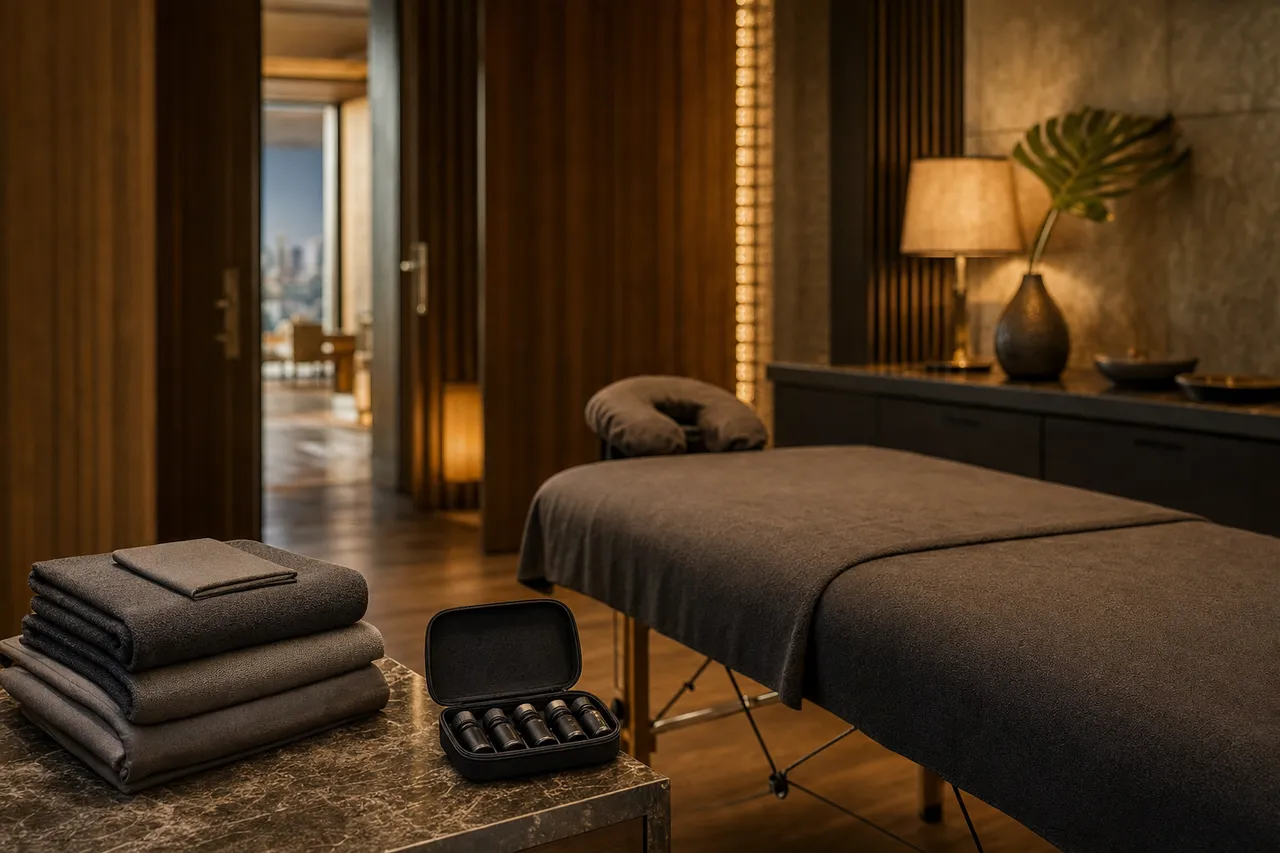 Folded massage linens and a small case of oils beside a made-up table in an elegant Bangkok hotel room