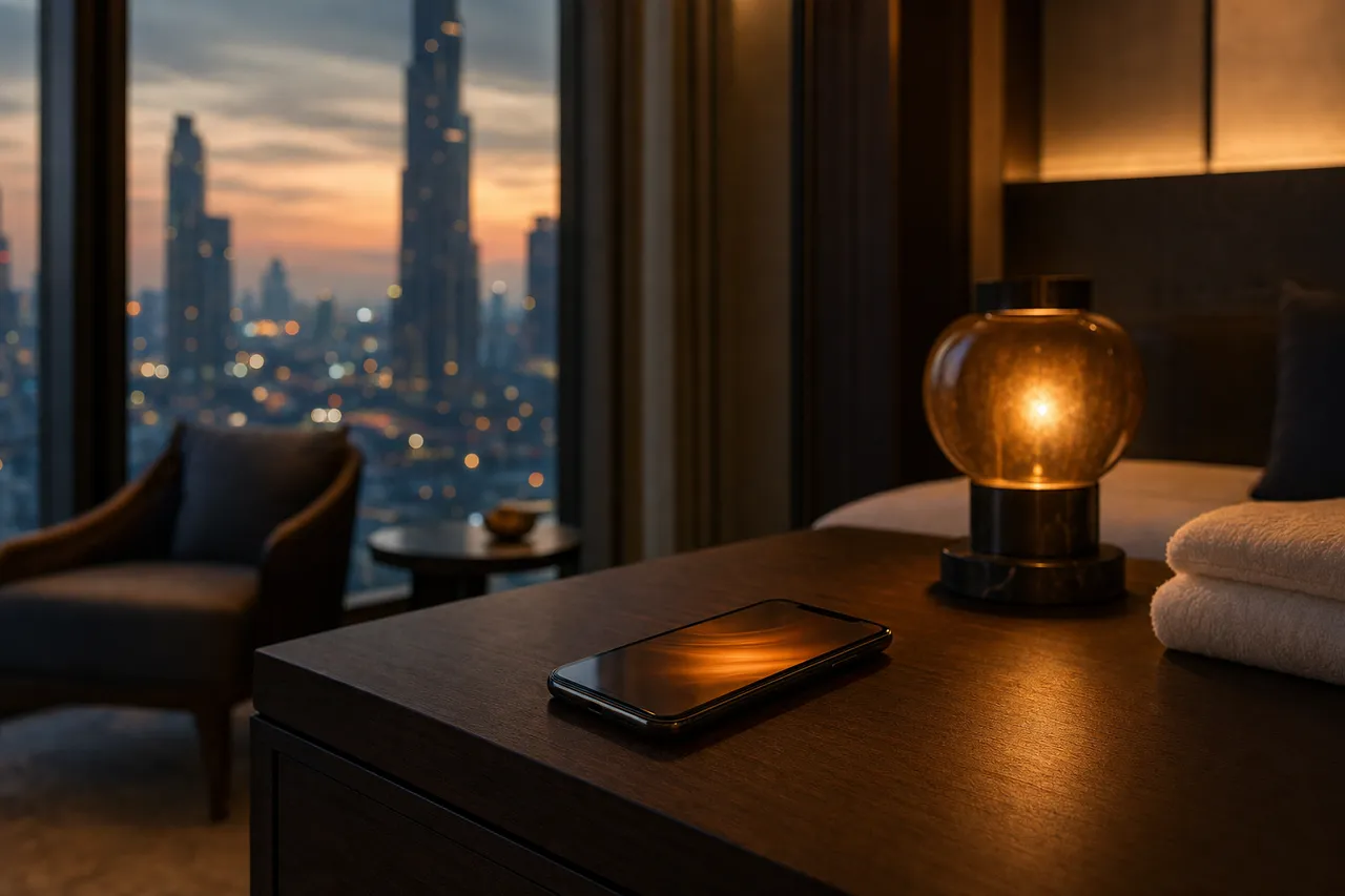 A phone resting on a dark wood table in a warmly lit Bangkok hotel suite, a booking message open on the screen