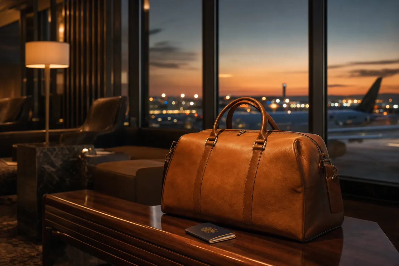 A premium leather holdall and passport on a dark-wood bench in a warmly lit upscale airport lounge at dusk