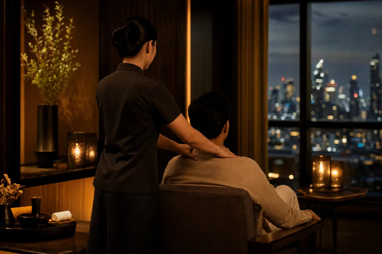 A male traveller receiving an unhurried back massage from a therapist in a modern Bangkok hotel room