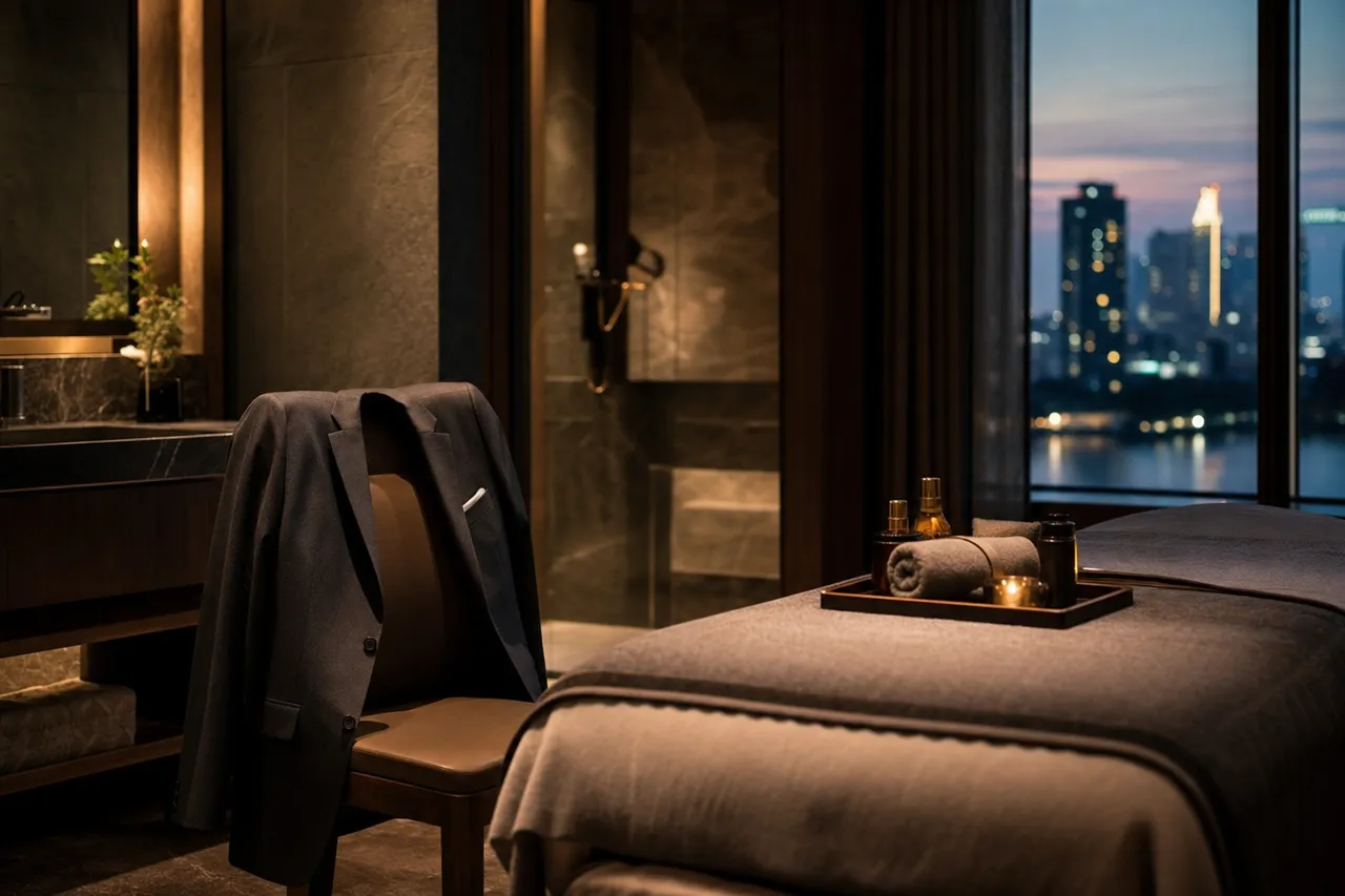 A calm Bangkok hotel suite in the early evening, a suit jacket laid over a chair beside a made-up massage table