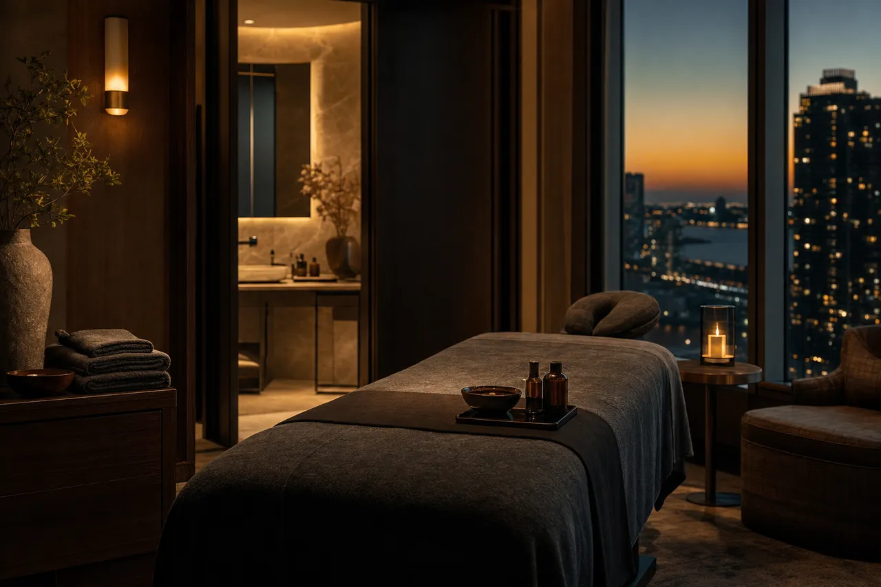 A hotel suite at dusk with warm amber lighting and a massage table set up beside the window