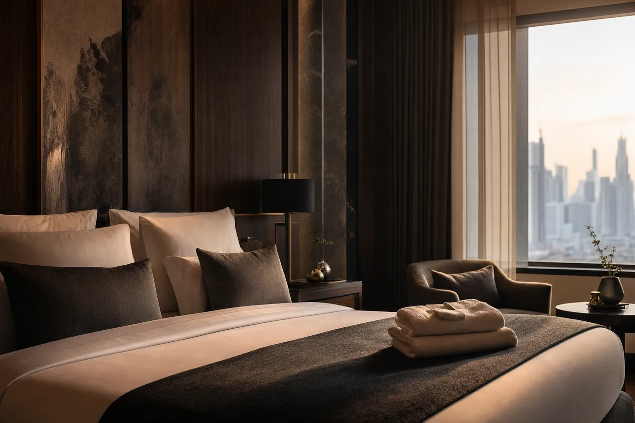 A calm Bangkok hotel suite in soft morning light, made-up bed and city skyline through the window