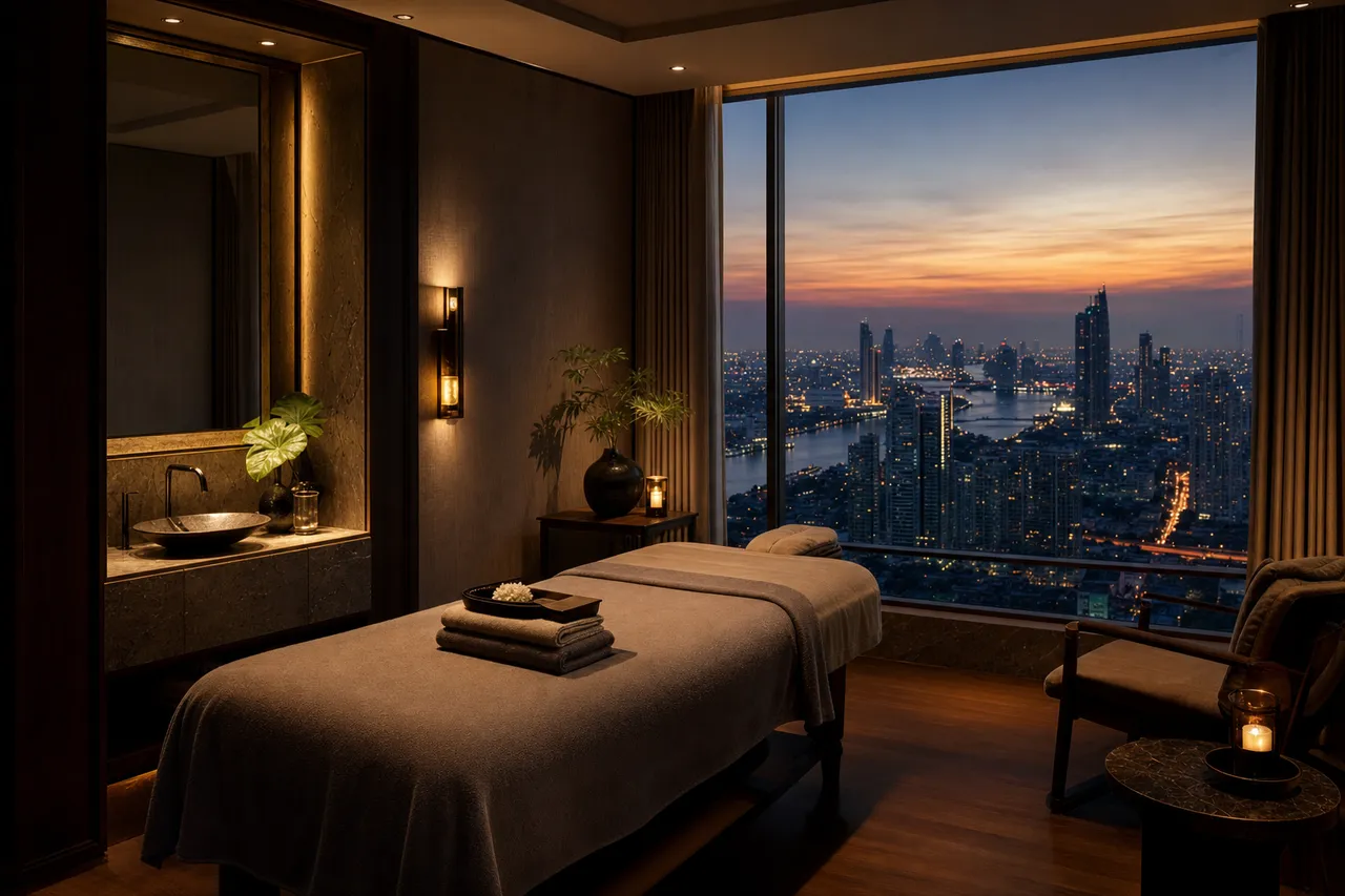 A calm Bangkok hotel suite at dusk set up for an in-room massage, warm amber lighting over dark wood furniture
