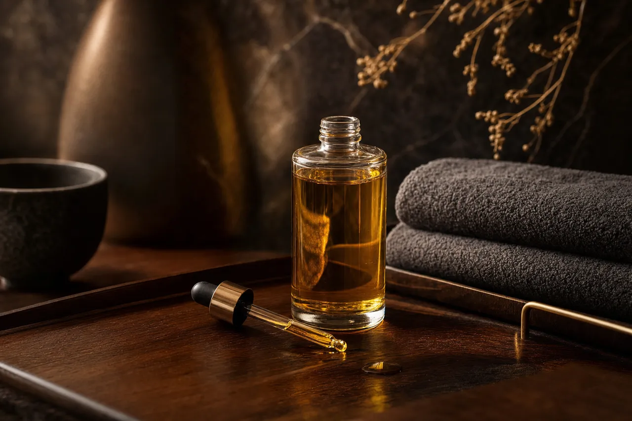 Golden massage oil, a dropper and folded charcoal towels on dark wood, warm low lighting