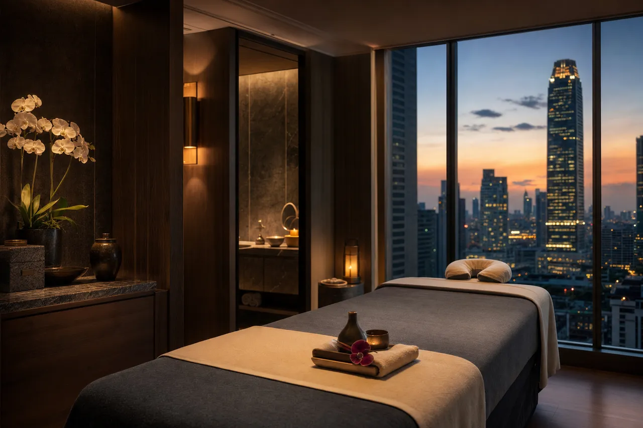 A premium Bangkok hotel suite at dusk with a leather planner and city skyline through the window, set beside a made-up massage table