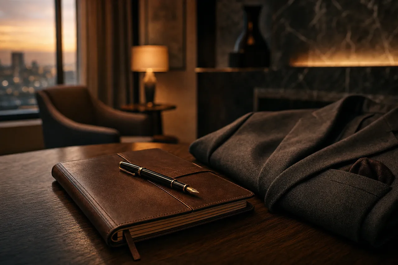 A leather trip planner and pen resting beside a folded jacket on a dark wood table in a warmly lit hotel room