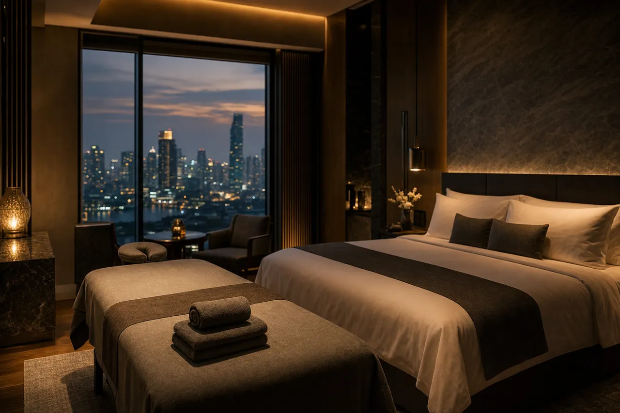A warmly lit Bangkok hotel suite at dusk with a made-up massage table beside the bed, city lights glowing softly through the window