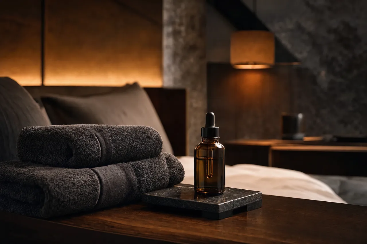 Folded dark towels and a small amber bottle of massage oil arranged neatly on a dark wood surface beside a made-up hotel bed