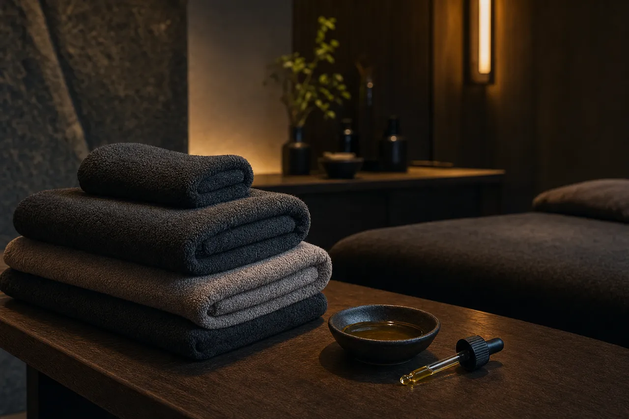 Folded towels and a dish of warm massage oil on a dark wood table in a private treatment room
