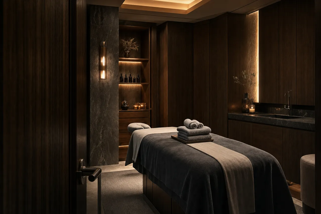 A softly lit private VIP massage room with dark wood panelling, a made-up table and warm amber lighting