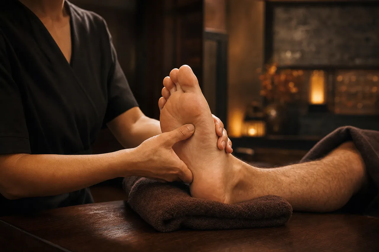 A therapist's hands giving a firm reflexology press to a relaxed male client's foot, resting on a warm towel on dark wood