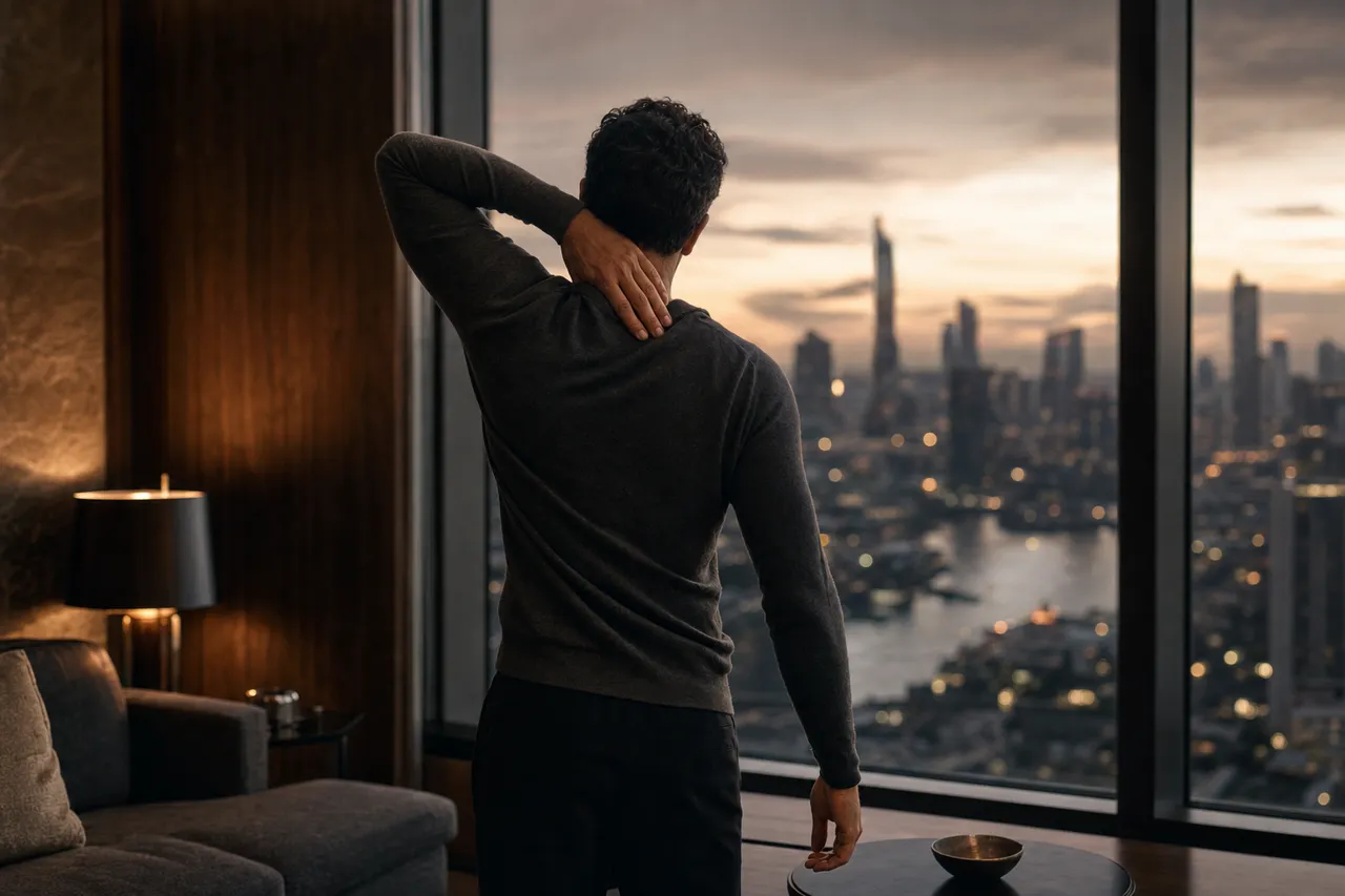A male traveller in a soft sweater doing a calm neck stretch by a hotel window at dusk