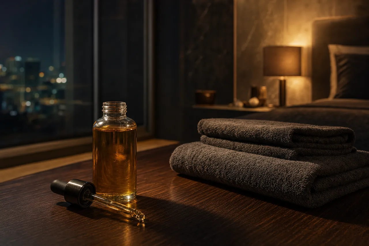 A warm still life of golden massage oil, a dropper, and folded towels on dark wood in a dimly lit hotel room