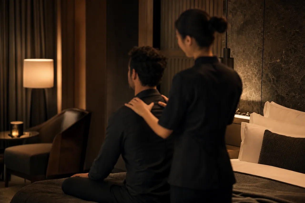 A relaxed male client seated upright and fully clothed in a hotel room, receiving a shoulder and neck massage from a therapist in a simple uniform