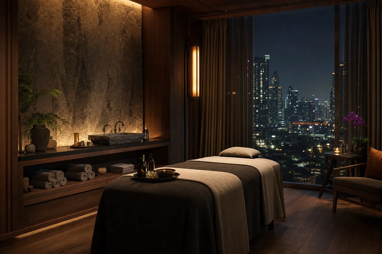 A quiet, softly lit massage studio interior in Bangkok with dark wood furnishings and folded linens on a treatment table