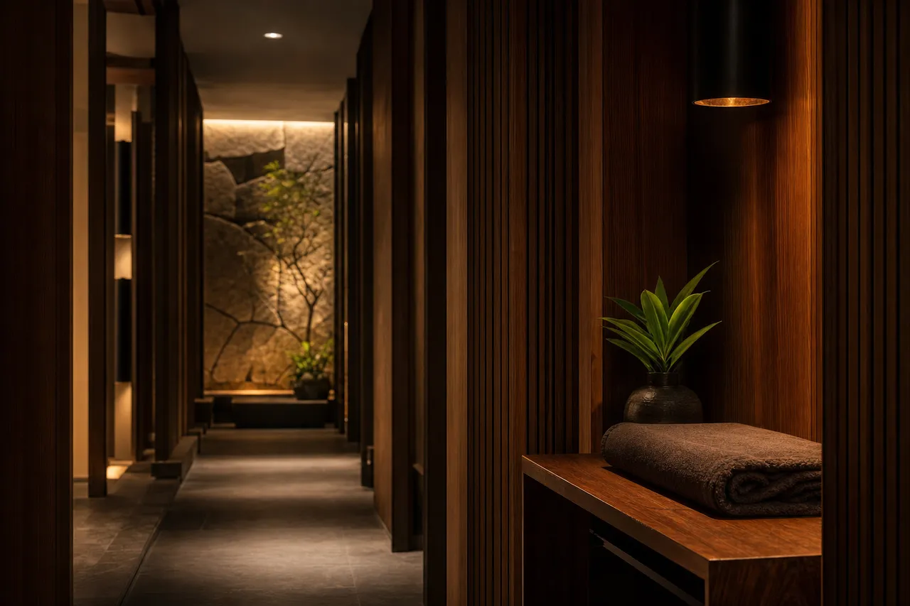 A dimly lit studio corridor in Bangkok with warm wood panelling and a folded towel on a low bench