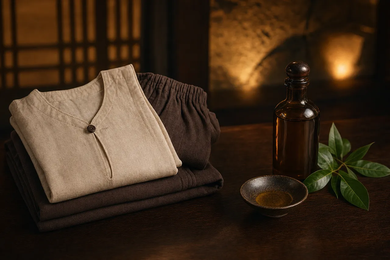 Folded loose cotton for Thai massage beside a bottle of aromatic oil on dark wood, warm low lighting