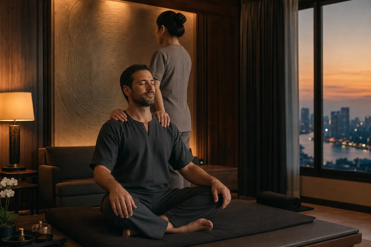A therapist's hands working on a seated, clothed male client's shoulders in a warm, low-lit Bangkok hotel suite