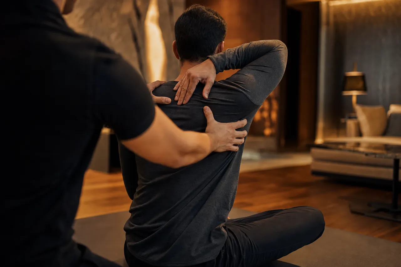 A therapist guiding a seated, clothed male client through a shoulder stretch on a mat in a warm hotel suite