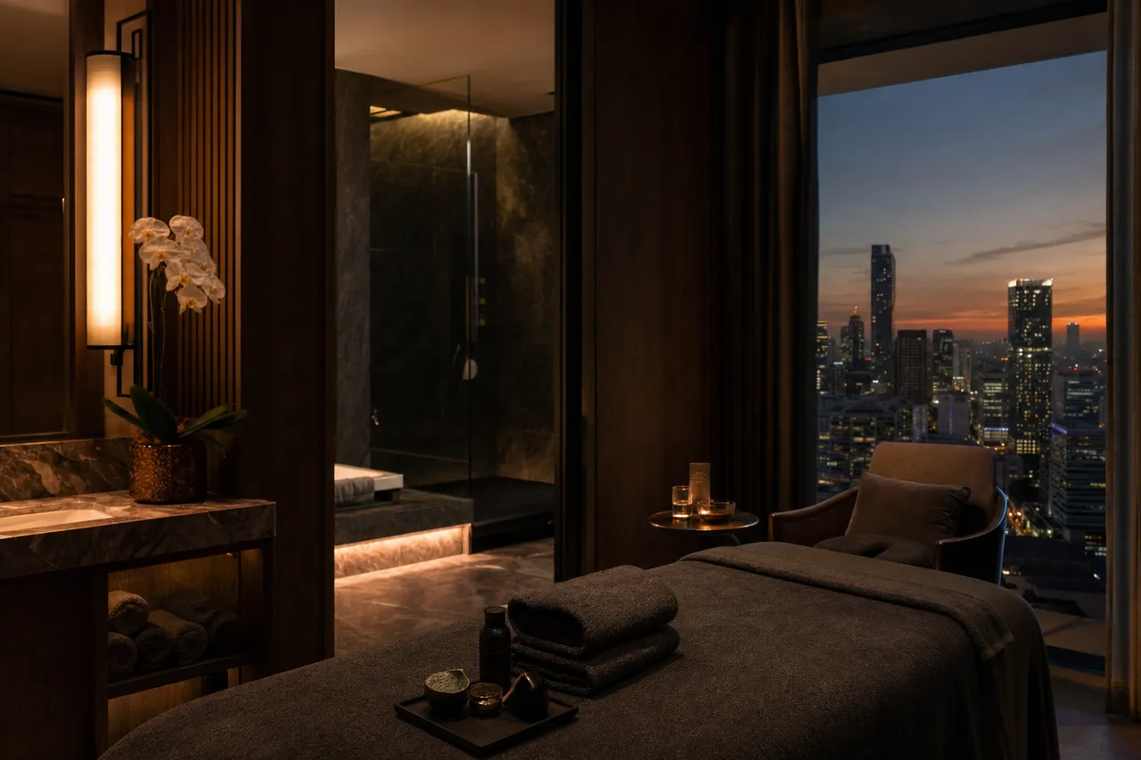 A quiet Bangkok hotel suite in the early evening, set up for a massage with soft lamplight and the city visible through the window